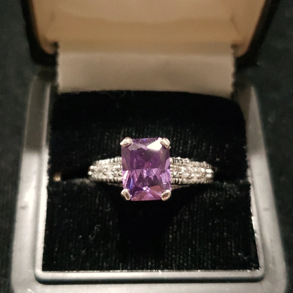 Lab Created Rectangular Amethyst W/ Cz Chips Silv… - image 1